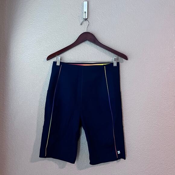 Sweaty Betty Power 9” Biker Shorts Navy Blue Rainbow Trim Pocket XL High Waist - Picture 2 of 8